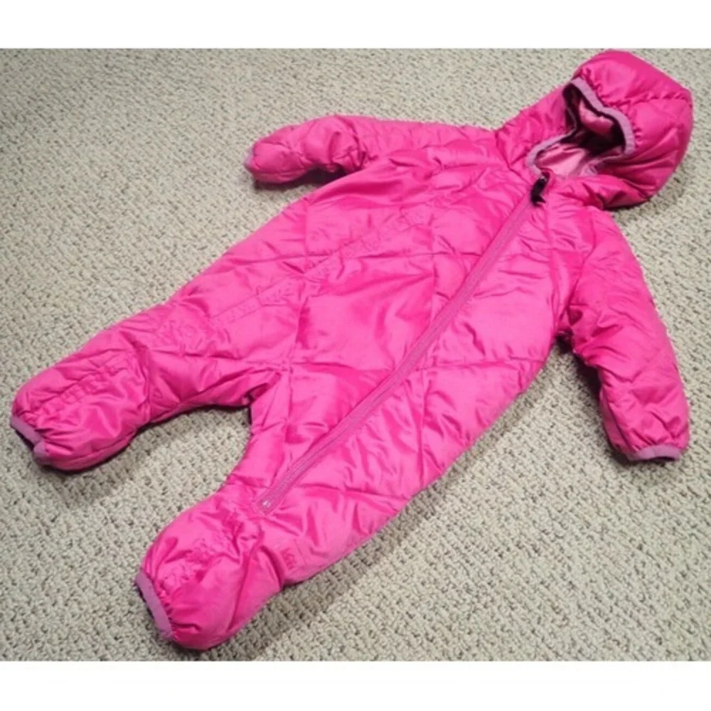 REI Bunting‎ Snowsuit Girls 6M Pink Excellent Down Insulated Quilted Hooded